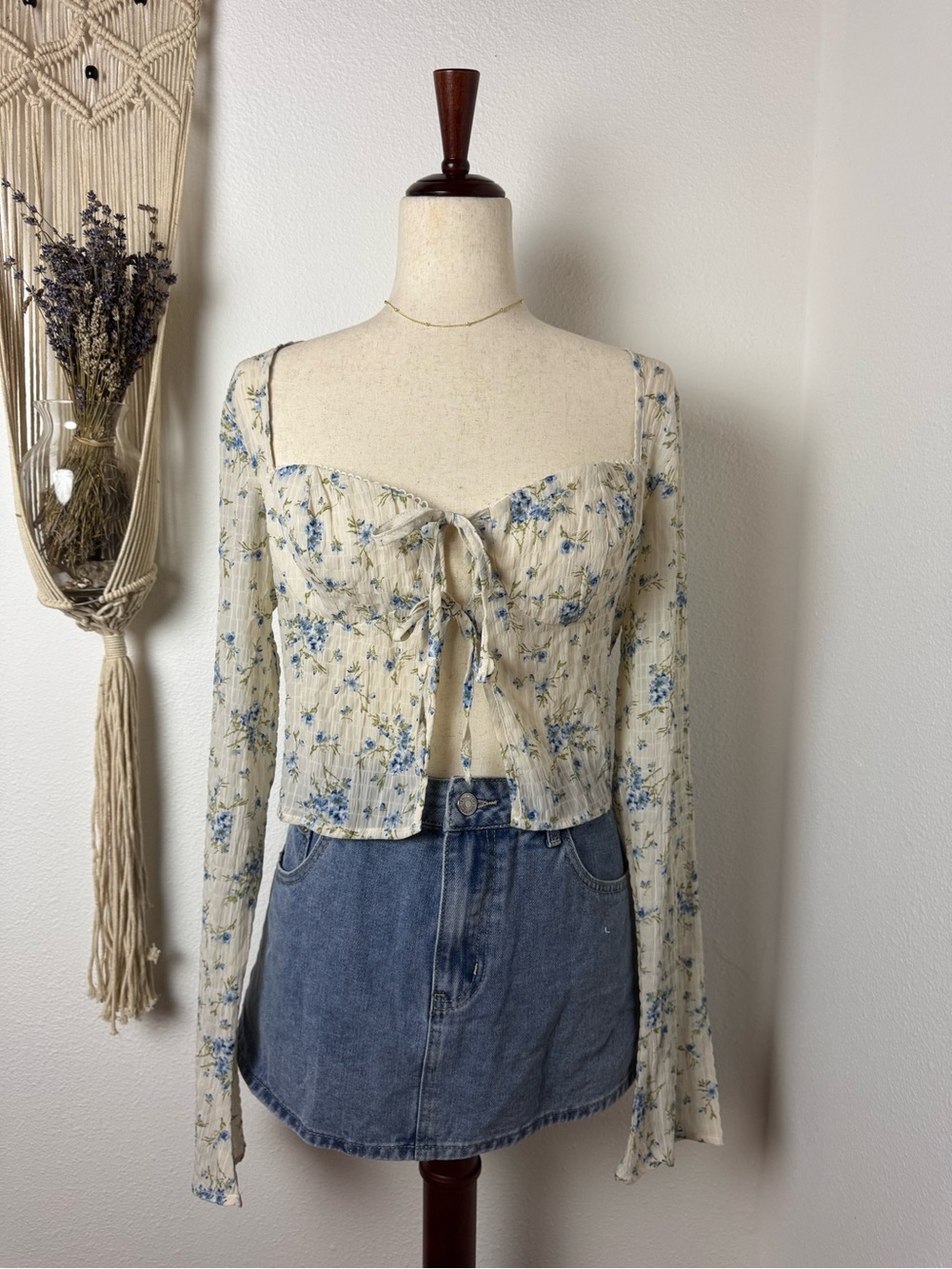 Windsor Cream Floral Tie-Front Long Sleeve Crop Top